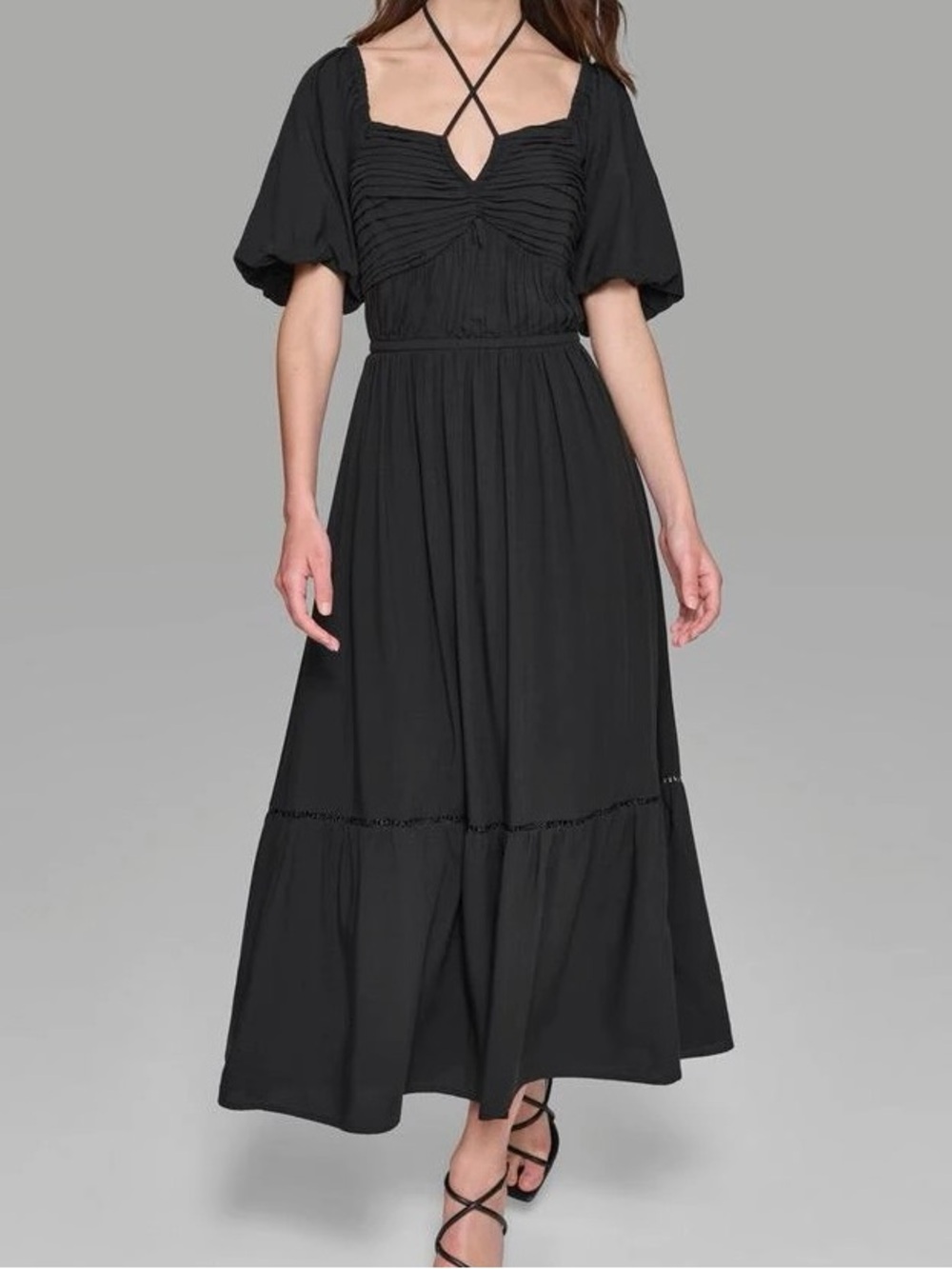 KARL LAGERFELD Black Puff-Sleeve Midi Dress with Back Tie